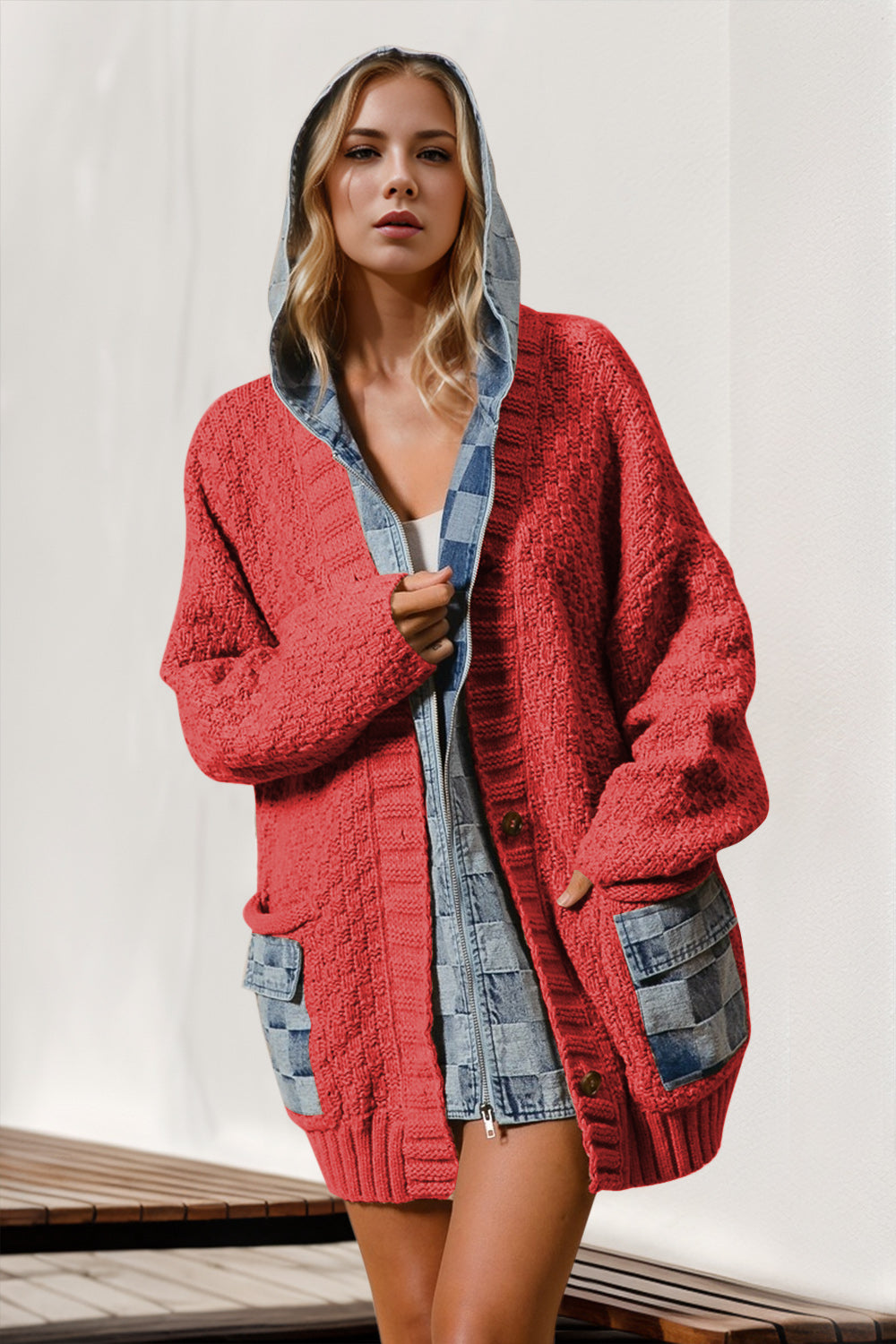 Full-Size Hooded Denim-Spliced Sweater Cardigan - US Only