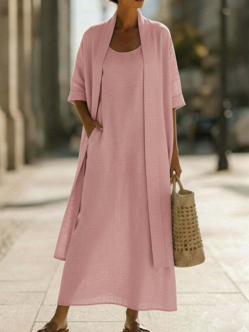 Womens Simple, Loose, Comfortable, Fashionable Cotton-Linen Two-Piece Dress Set