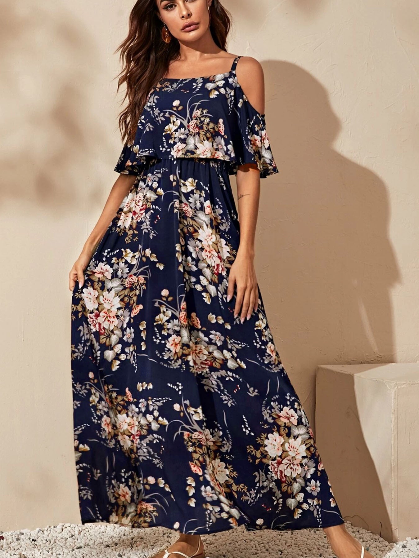 Strappy Floral Off-Shoulder Maxi Dress - US Only