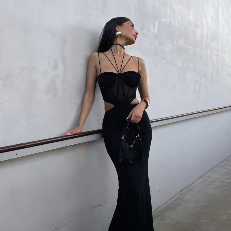 Black Mesh Waist Cutout Sling Dress For Women
