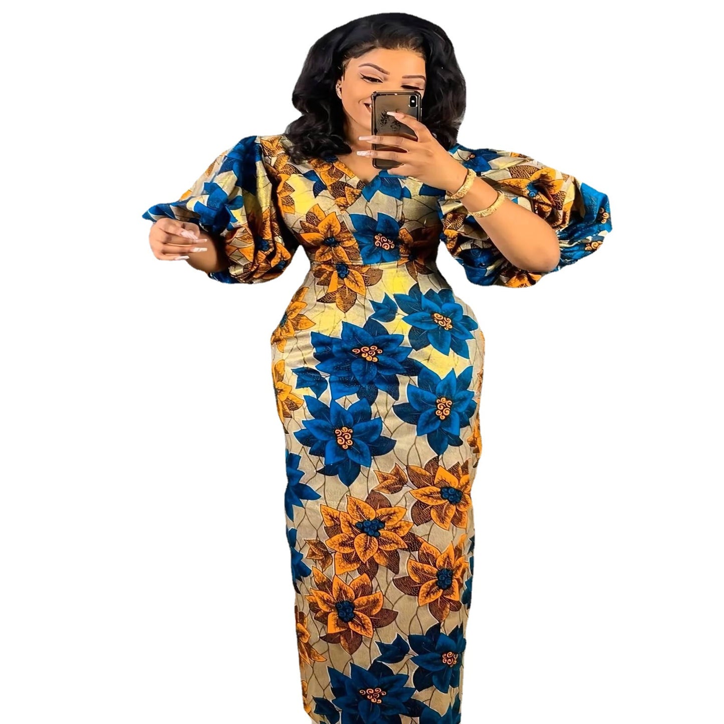 Printed Short-Sleeve Long Dress