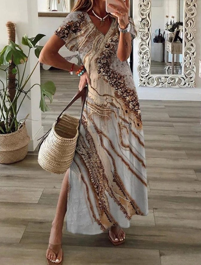Loose Digital Print V-Neck Short-Sleeve Dress For Women