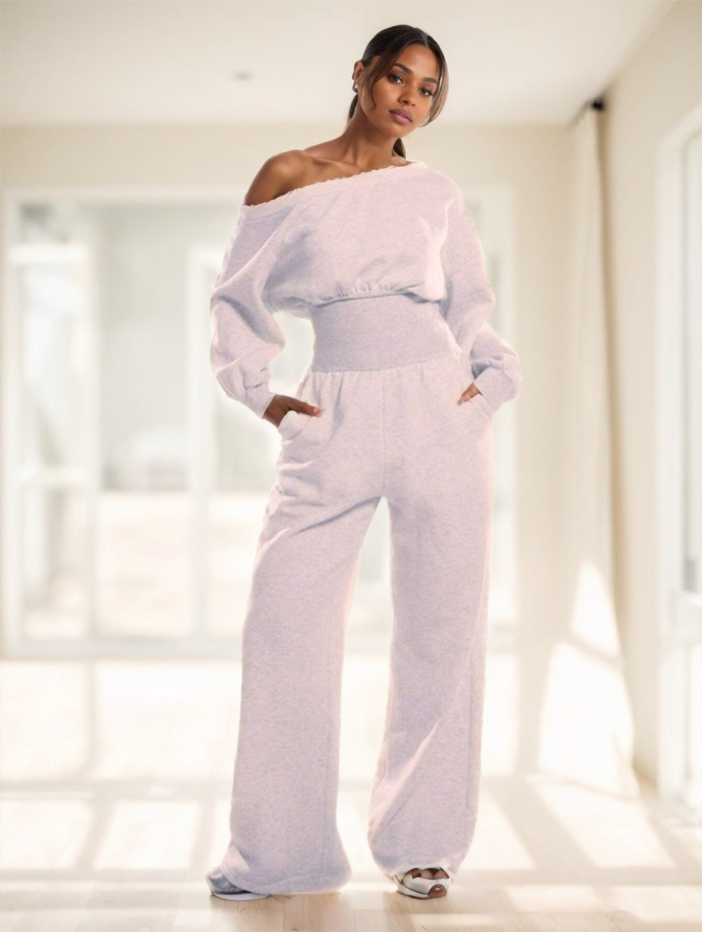Cinched Off-Shoulder Wide-Leg Jumpsuit