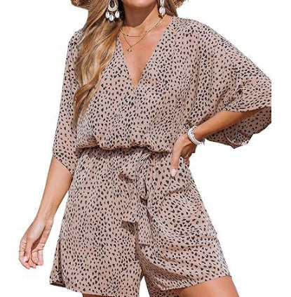 V-Neck Printed Lace-Up Bat Jumpsuit
