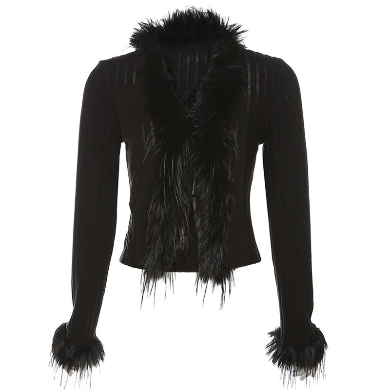 Knitted Plush Lace-Up Waist-Tight Navel-Out Top