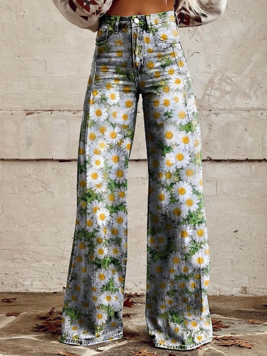 Women's 3D Printed Denim Wide-Leg Pants