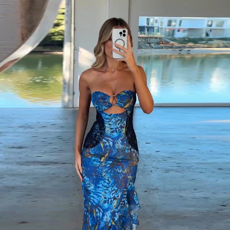 Sheer Mesh Floral Print Slit Dress