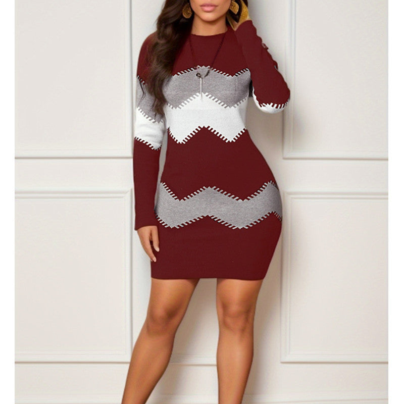 Long-Sleeve Printed Knitted Sheath Dress