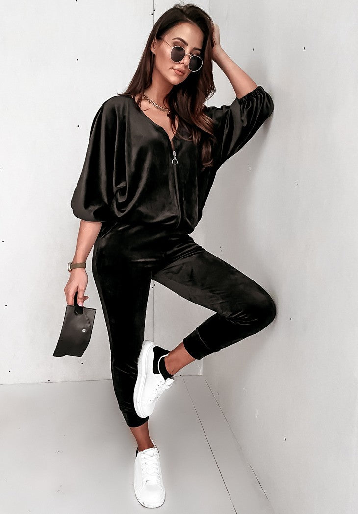 New*****!!! - Gold Velvet Long-Sleeved Trousers for Women - Solid Colour