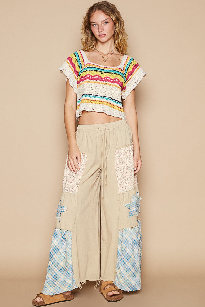 Openwork Ethnic Pattern Square Neck Cropped Knit Top - US Only