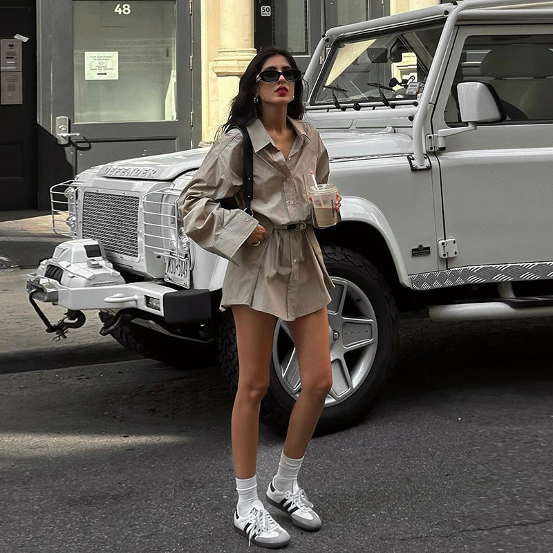 Loose Street Fashion High-Waist Lapel-Sleeve Dress