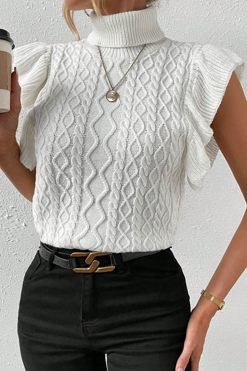 Cable-Knit Turtleneck Cap Sleeve Sweater - US Only