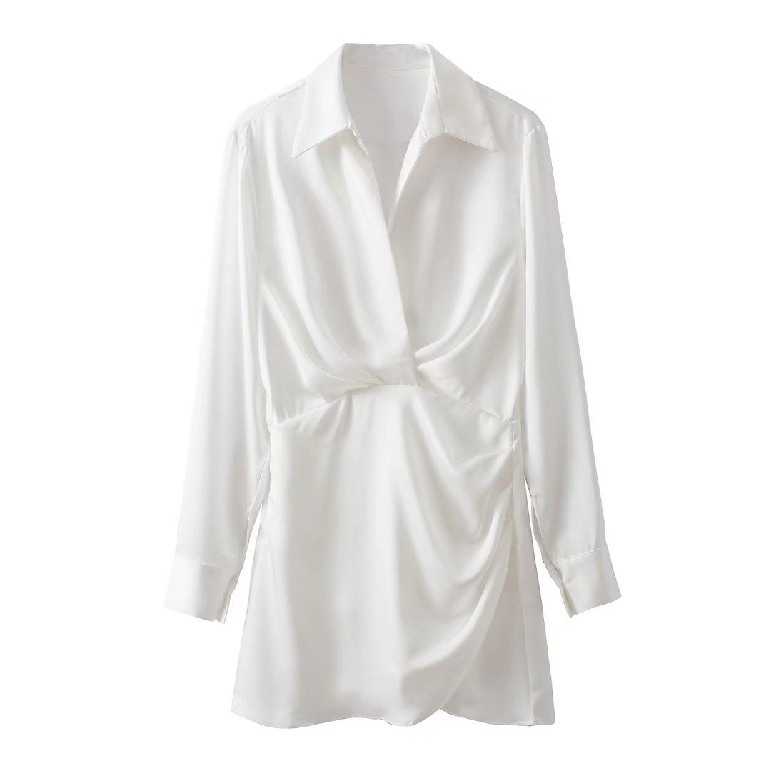 European & American Style Silk Satin Texture Waist Shirt Dress