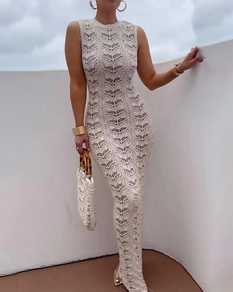 An Innovative Sleeveless Knitted Tight Split Sheath Dress