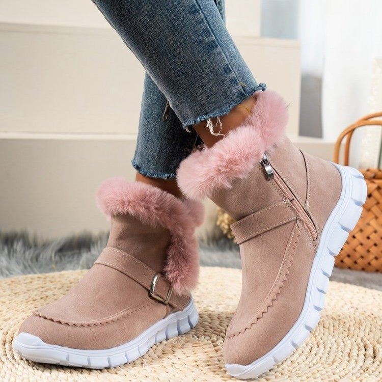 New*****!!!! - Thickened Solid Colour Plush Ankle Snow Boots With Buckle Design