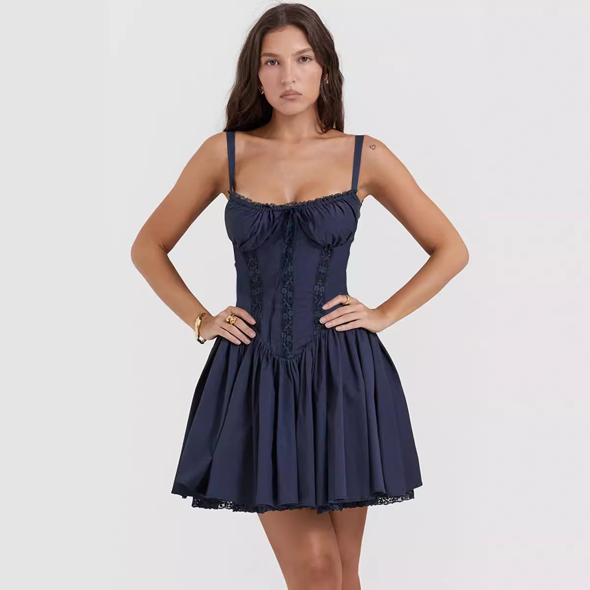 Lace-Up Slim-Waist Pleated Short Dress