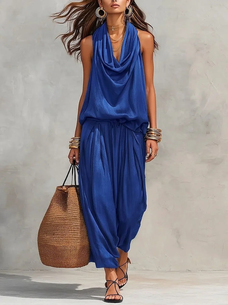 Draped-Neck Vest & Casual Pants Outfit