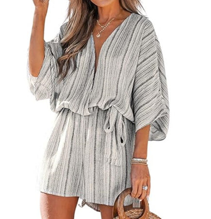 V-Neck Printed Lace-Up Bat Jumpsuit