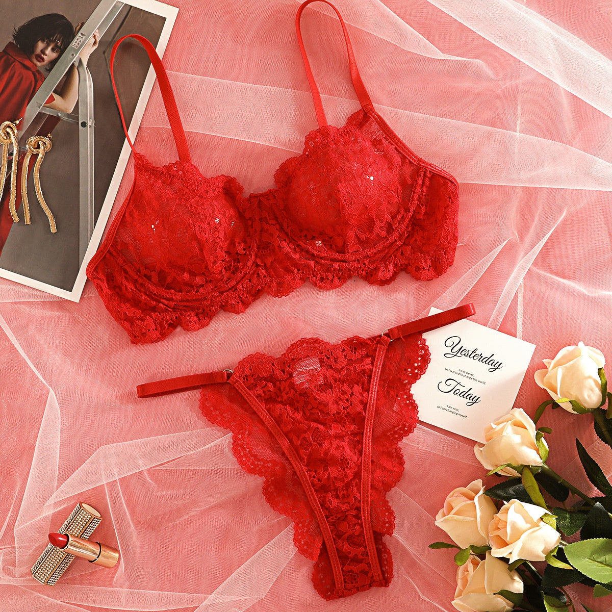 Lace Trim Sheer Lingerie Set