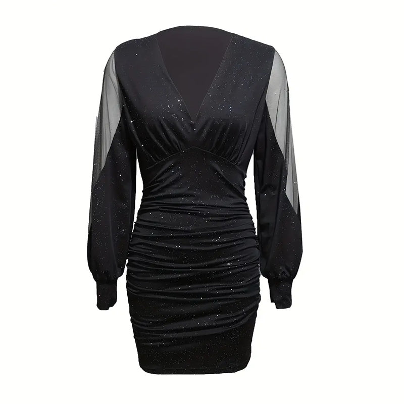 Ruched Bodycon Mesh Long-Sleeve Cocktail Dress - US Only