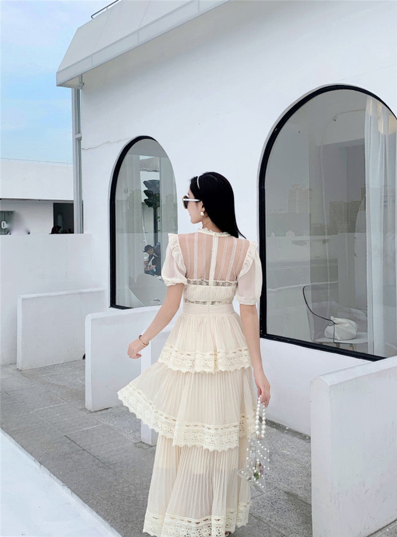French-Style Short-Sleeved Cake-Skirt Long Dress