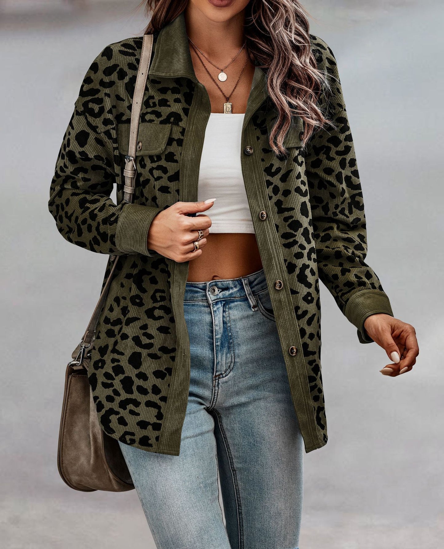 Leopard Print Corduroy Shirt Jacket