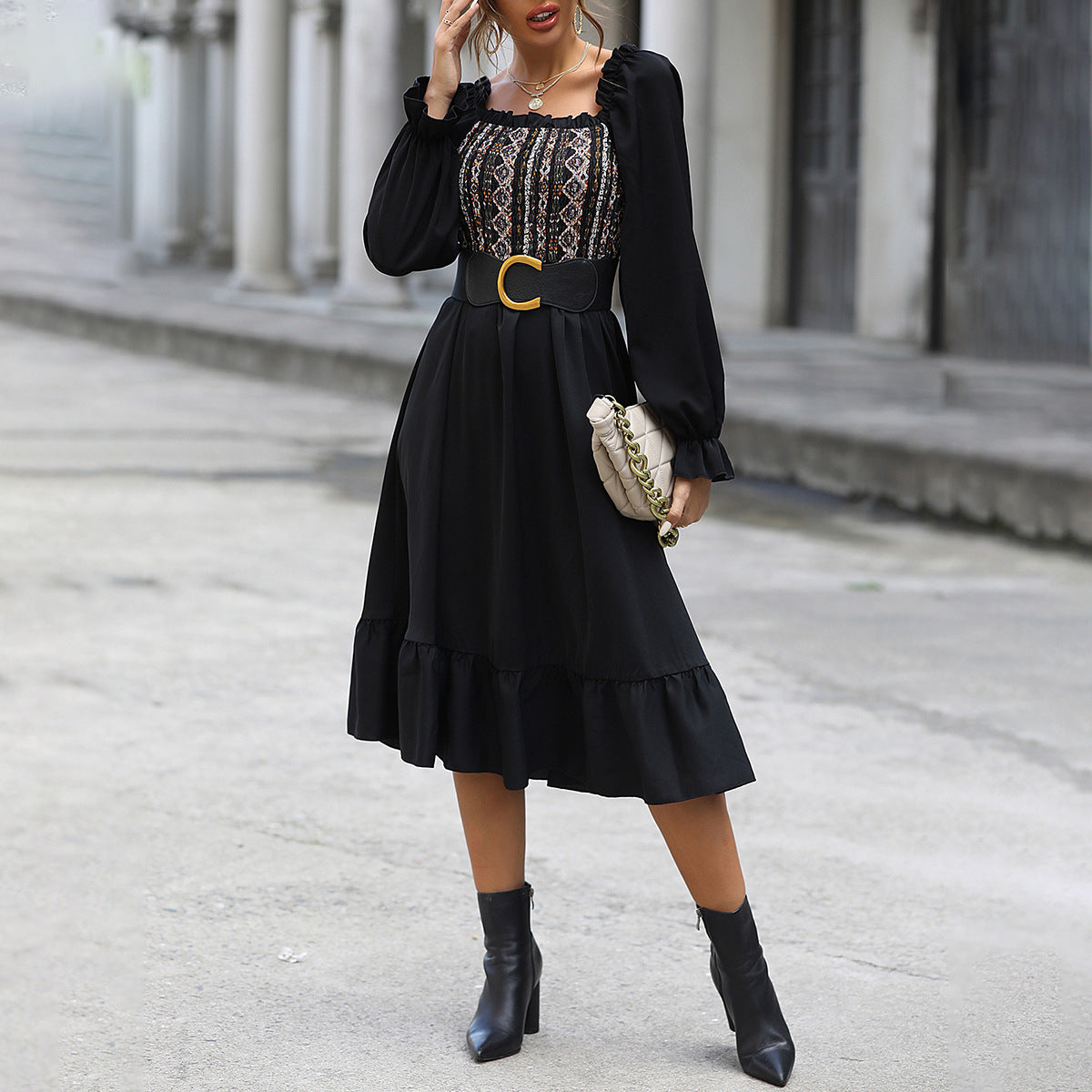 Women's Square-Neck Cinched Midi Dress