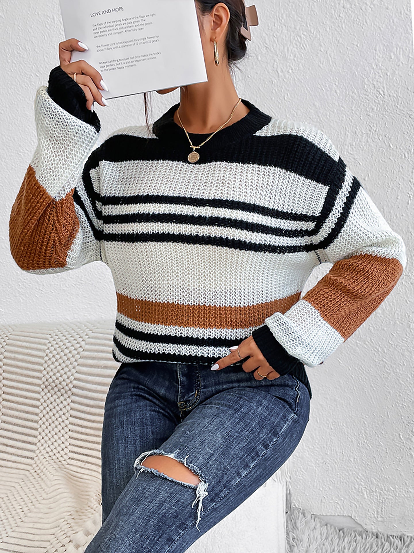 Women's Pullovers Mixed Color Stripes Cardigan