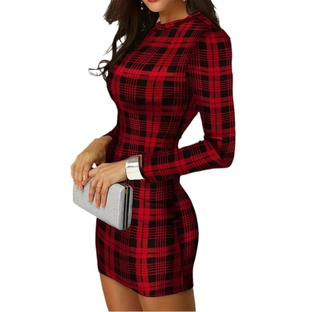 Plaid Slim-Fit Long-Sleeve Mini Dress