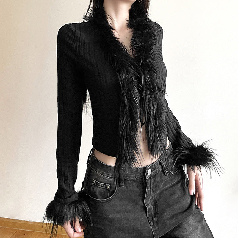 Knitted Plush Lace-Up Waist-Tight Navel-Out Top