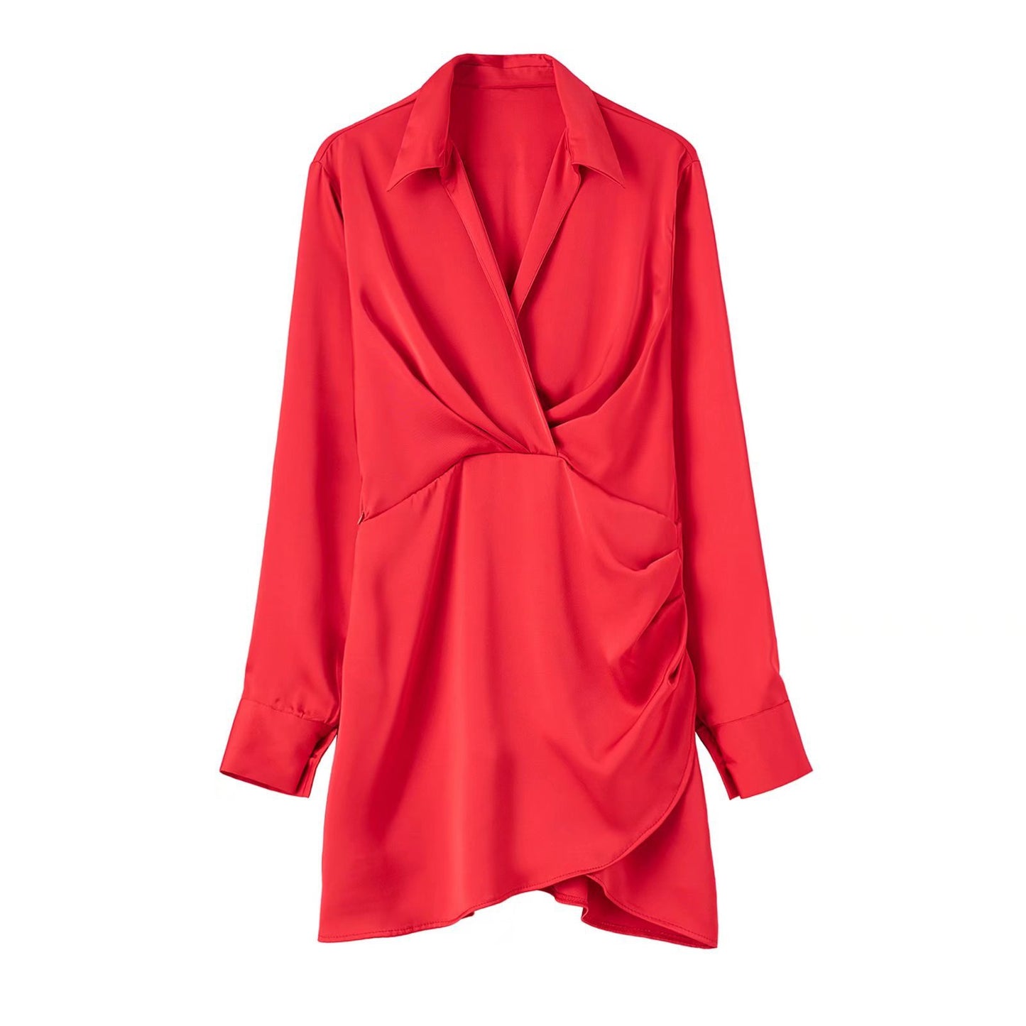 European & American Style Silk Satin Texture Waist Shirt Dress