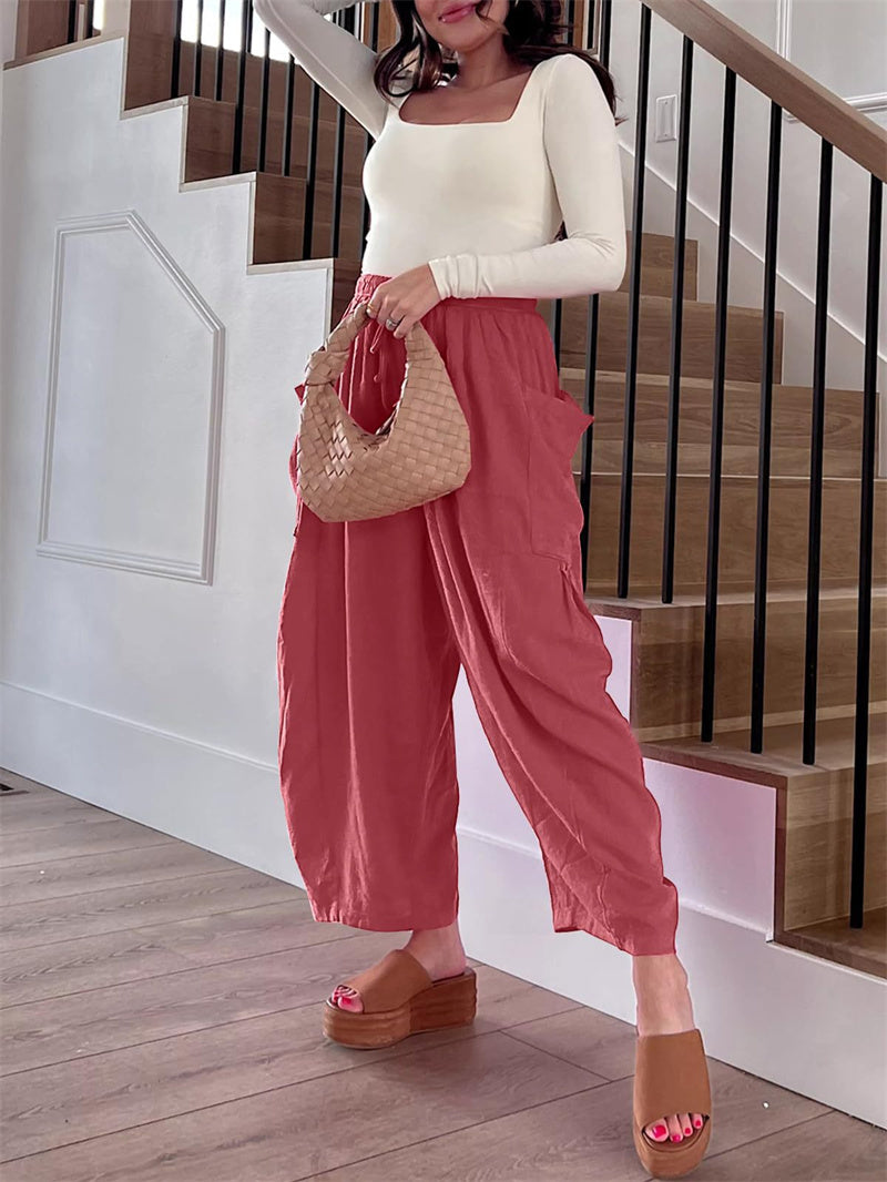 Fashion Wide-Leg Loose Elastic High-Waist Pleated Long Trousers