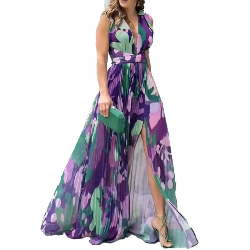 Sleeveless V-Neck Tight-Waist Split Dress