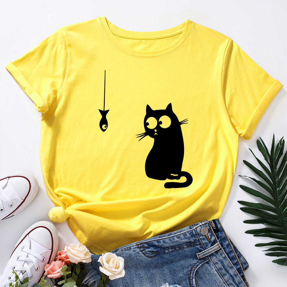 Women's Cute Cat Loose Round-Neck Cotton Short Sleeve T-Shirt