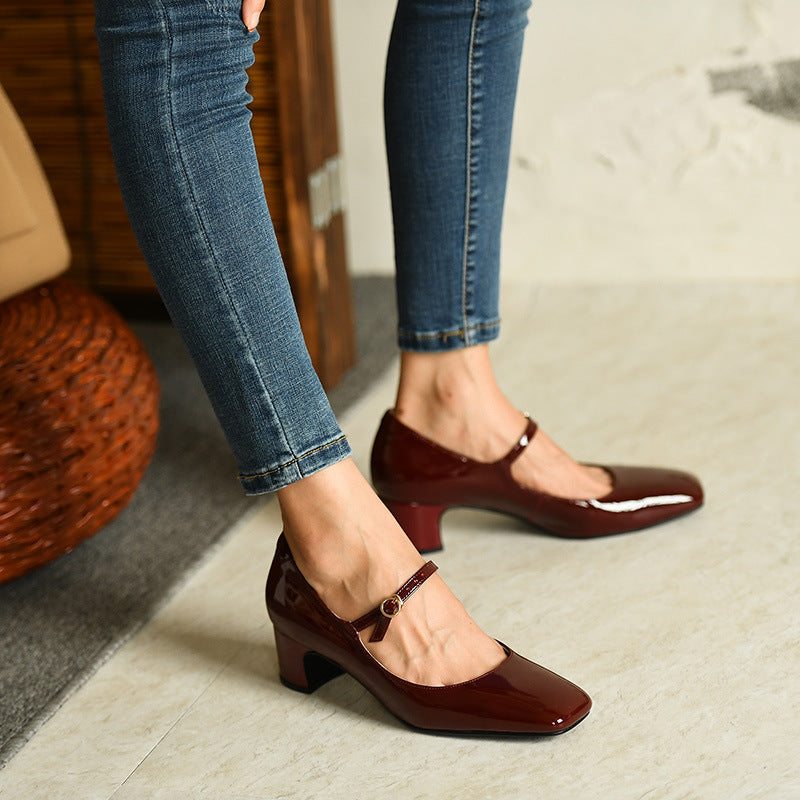 Burgundy Bright Leather Strap Square Toe Shoes For Women