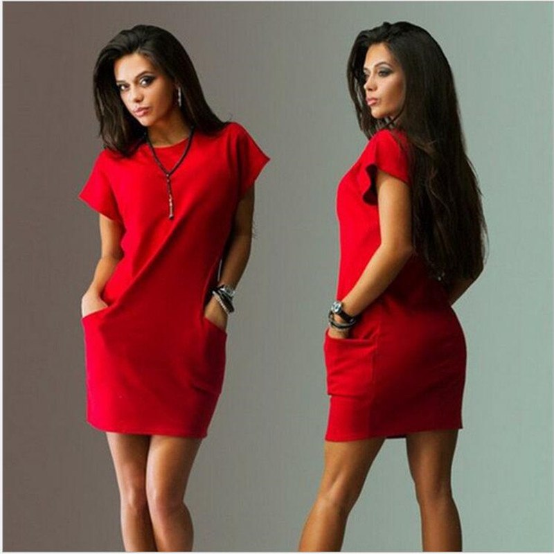 Casual Short-Sleeve O-Neck Slim Pocket Bodycon Mini Dress