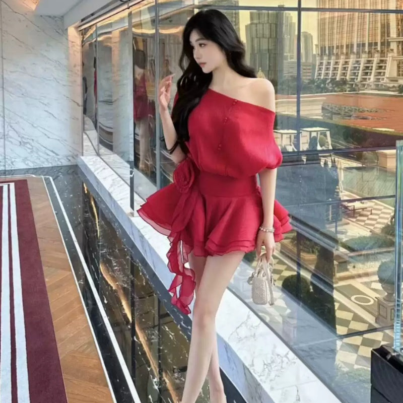 Backless Lace-up Off-shoulder Seersucker Shirt Dress Short Pantskirt Suit