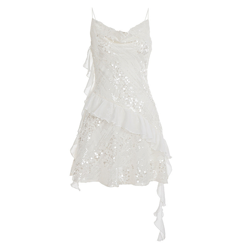 Sequin-Trimmed Irregular-Hem Pleated Dress