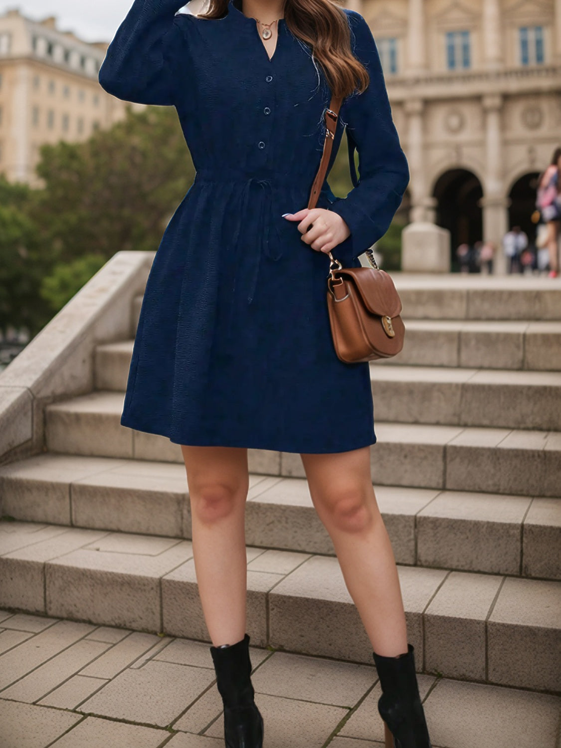 Drawstring-Waist Notched Long-Sleeve Dress - US Only