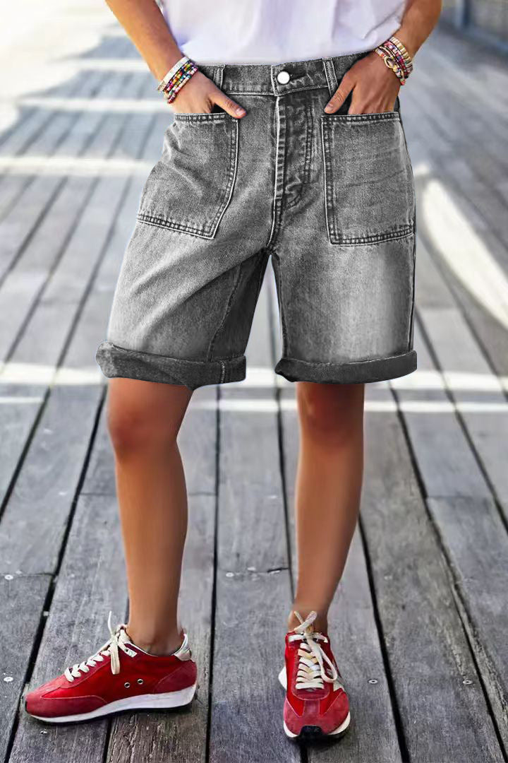 Mid-rise Bermuda Straight-leg Pants Stretchy Womens Denim Shorts