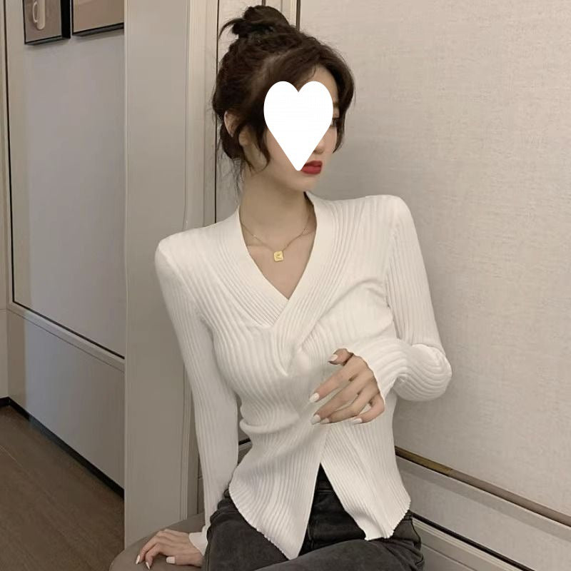 Japanese-Style V-Neck Sweater - Waist-Trimming Short Top For Women