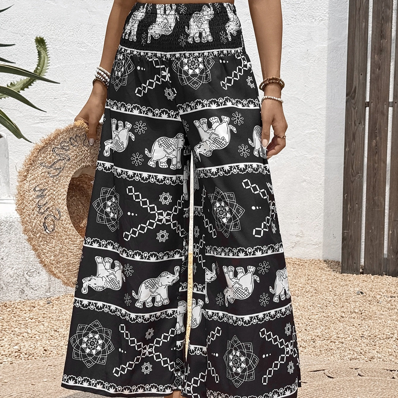 Elephant Print Pleated Wide-Leg Pants - US Only