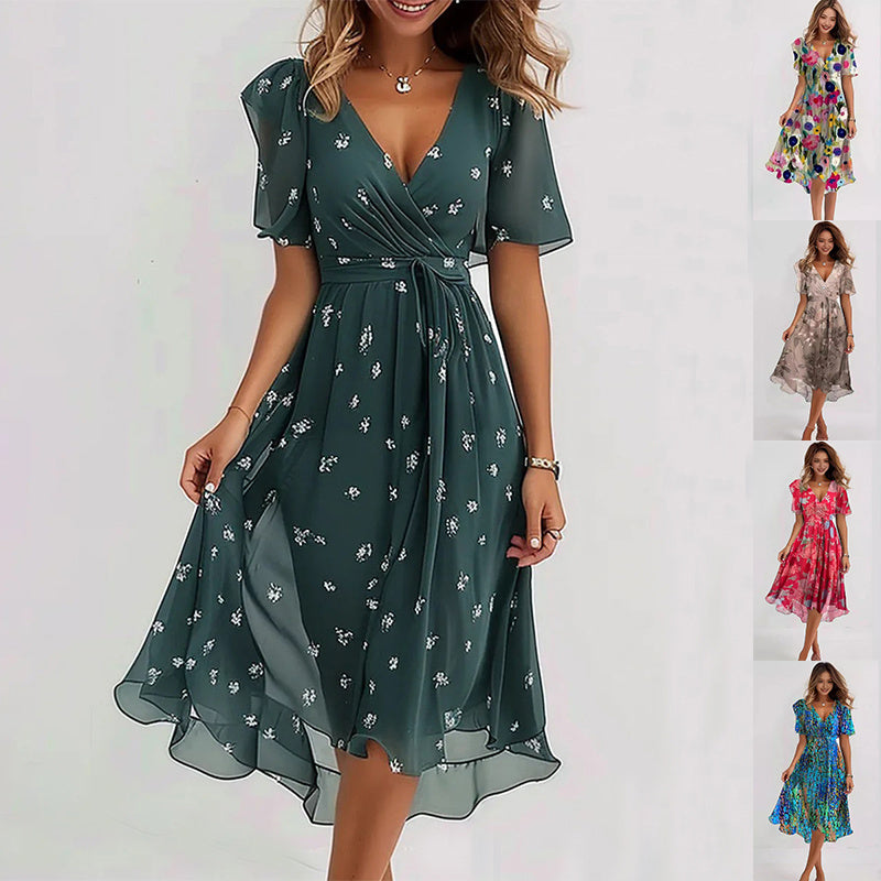 Chiffon Printed Short-Sleeve Dress