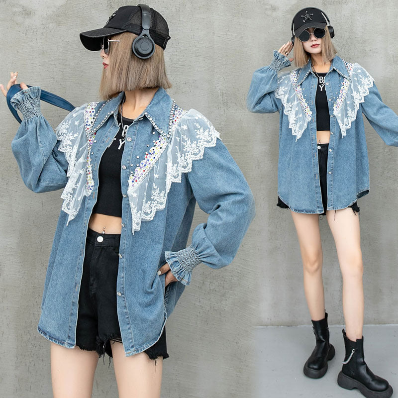 Lace Splicing Denim Long-Sleeved Top