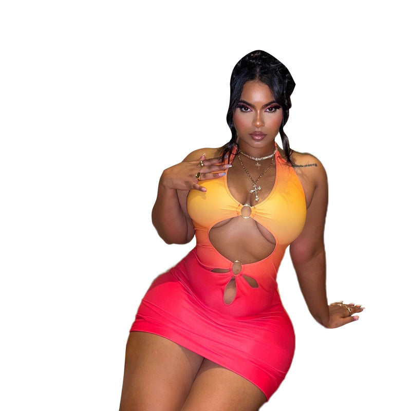 Cut-Out Halter Backless Gradient-Colour Slim Dress