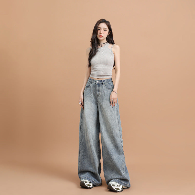 Bamboo-Knot Loose Wide-Leg Denim Trousers
