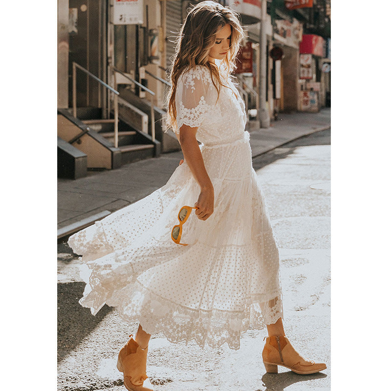 V-Neck Short-Sleeve Midi Swing Lace Dress