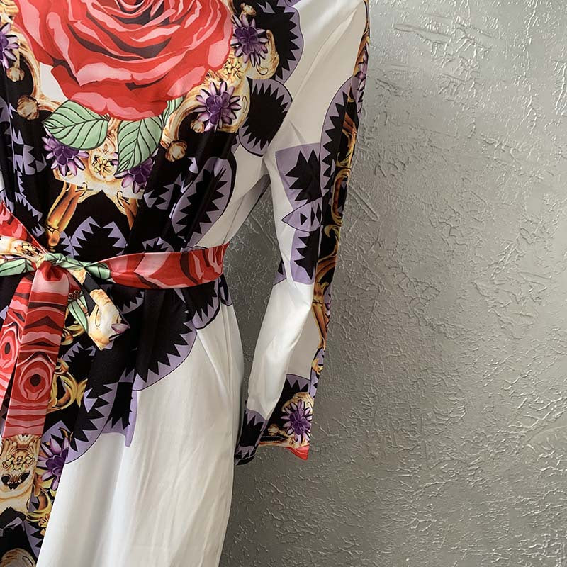Digital Printed Big Rose Flower Round-Neck Long Dress - African Style