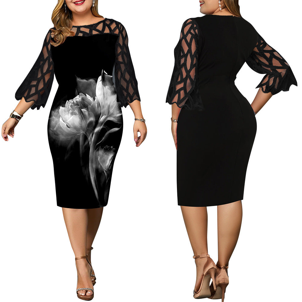 Explosive Digital Printing Lace Stitching 3/4-Sleeve Dress - Plus-Sizes Available