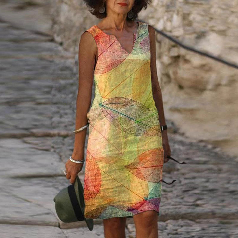 Yellow Mid-Waist Sling Print Puff Sleeve Women's Dress